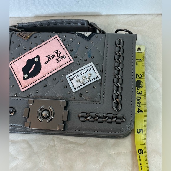 La Polo Women’s Crossbody Bag Gray Silver Faux Leather Patches Designer Purse - Picture 11 of 14